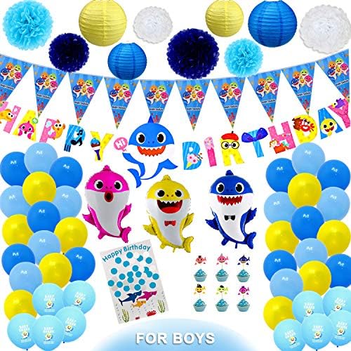 Ajworld Baby Shark Party Supplies for Birthday Decorations Ocean Shark Theme Party with Birthday Banner Flower Pom Poms Paper Lanterns Guest Book Cupcake Toppers and Balloons