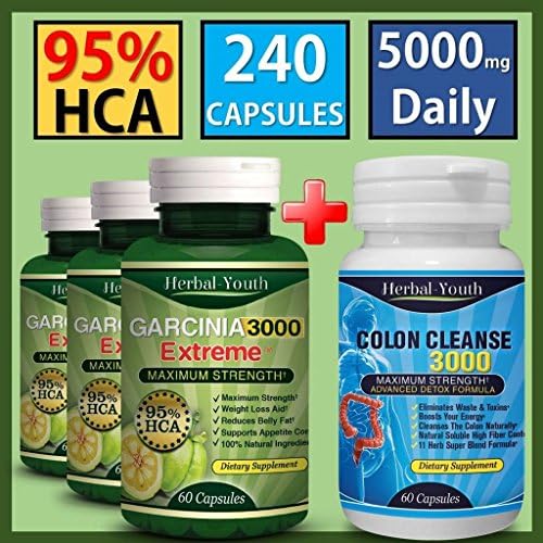 180 GARCINIA CAMBOGIA CAPSULES 95% HCA + 60 COLON DETOX WEIGHT LOSS DIET PILLS