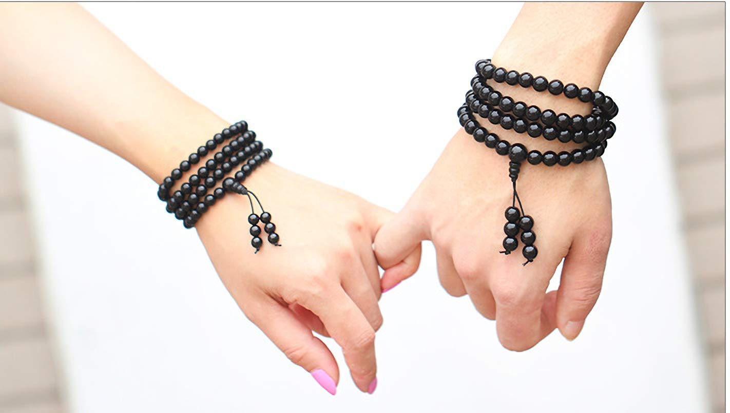 Bogo Arty 108 Obsidian Crystal Prayer Bead Multilayer Stretch Bracelets Tibetan Buddhist Meditation Mala Beads Bracelet Necklace (Black-8mm)