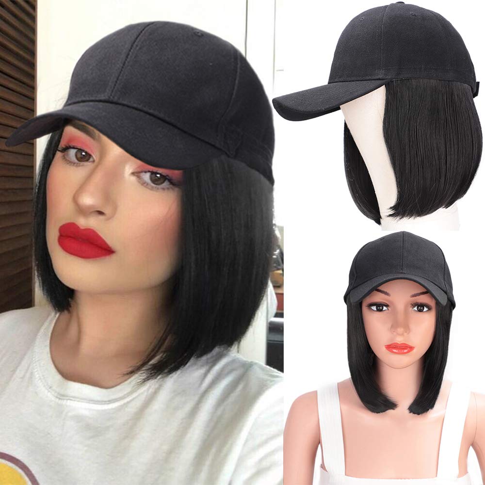 Entranced Styles Baseball Cap With Hair Bob Style Hats With Hair Attached Synthetic Black Hat With Hair Short Bob Hair For Women 2