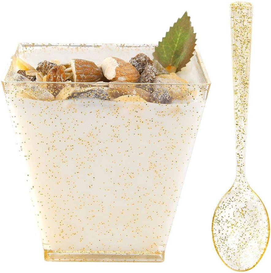WDF102PACK 8oz Gold Glitter Medium Large Plastic Dessert Cups With Spoons-51 Disposable Square Plastic Cups & 51 Gold Glitter Tasting Spoons