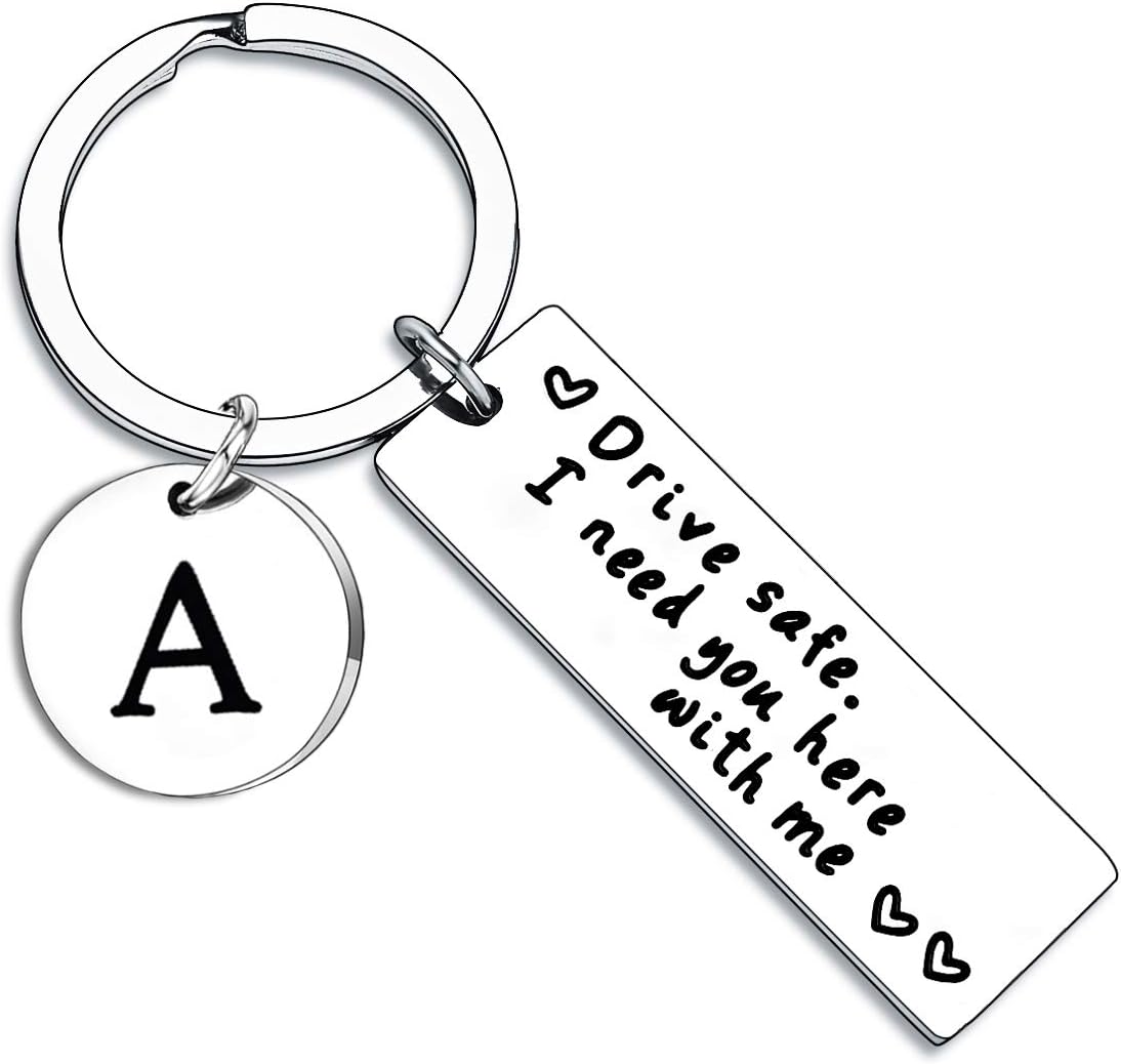 BESPMOSP Drive Safe Keychain Appreciatione 26 Letter Keychain Father's Day Birthday Gift Gifts for Husband Dad Boyfriend (Drive Safe A)