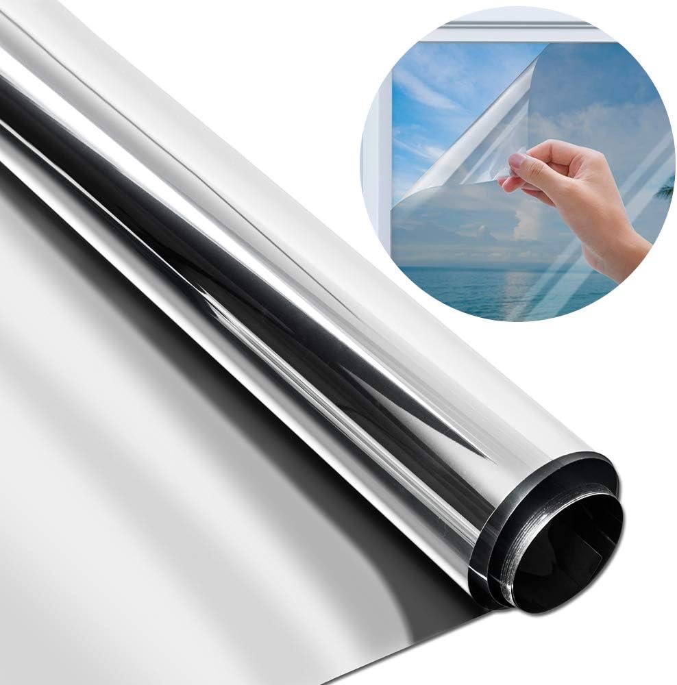 YQHbe Privacy Window Film, One Way Window Film Mirror Window Film Self Adhesive, Glass Film Heat Control Anti-UV Sun Blocker, Reflective Window Sticker Day Time Privacy Silver 45 * 200CM