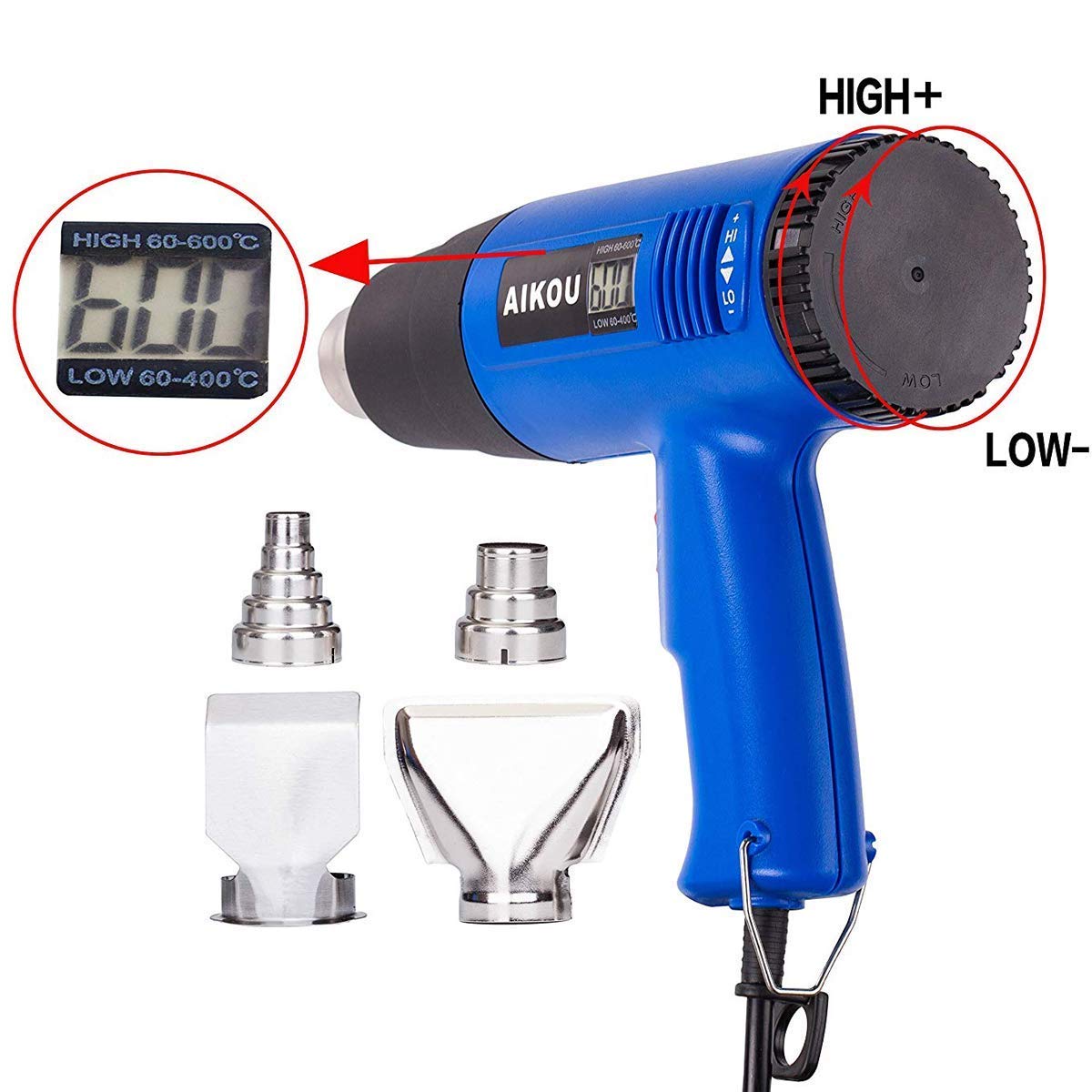 Pistola ad Aria Calda, 1800 W, Temperatura Regolabile in Continuo da 60° C a 600° C inclus LCD e 4 Pz Resistente al Calore Ugelli