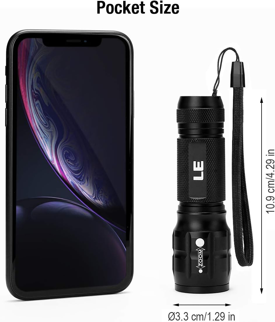 LE CREE LED Flashlight, Small and Super Bright LED Tactical Torch, Handheld Flash Light, Zoomable, Water Resistant, Adjustable Brightness for Camping, Running, AAA Batteries Included - Basic Handheld Flashlights - 