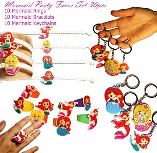 Mermaid Party Favors Set 30PCs, Mermaid Party Supplies, Mermaid Rings, Bracelets, Keychains Favor Pack, Supplies Favor for Boys Girls Kids Teens Best Themed Pack Novelty