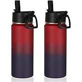 Volhoply 18oz Insulated Water Bottle Bulk 2 Pack,Kids Stainless Steel Water Bottles with Straw Lid,Double Wall Vacuum Reusable Metal Cups,Wide Mouth Sports Flask Keep Hot and Cold(Red Purple,2 Set)