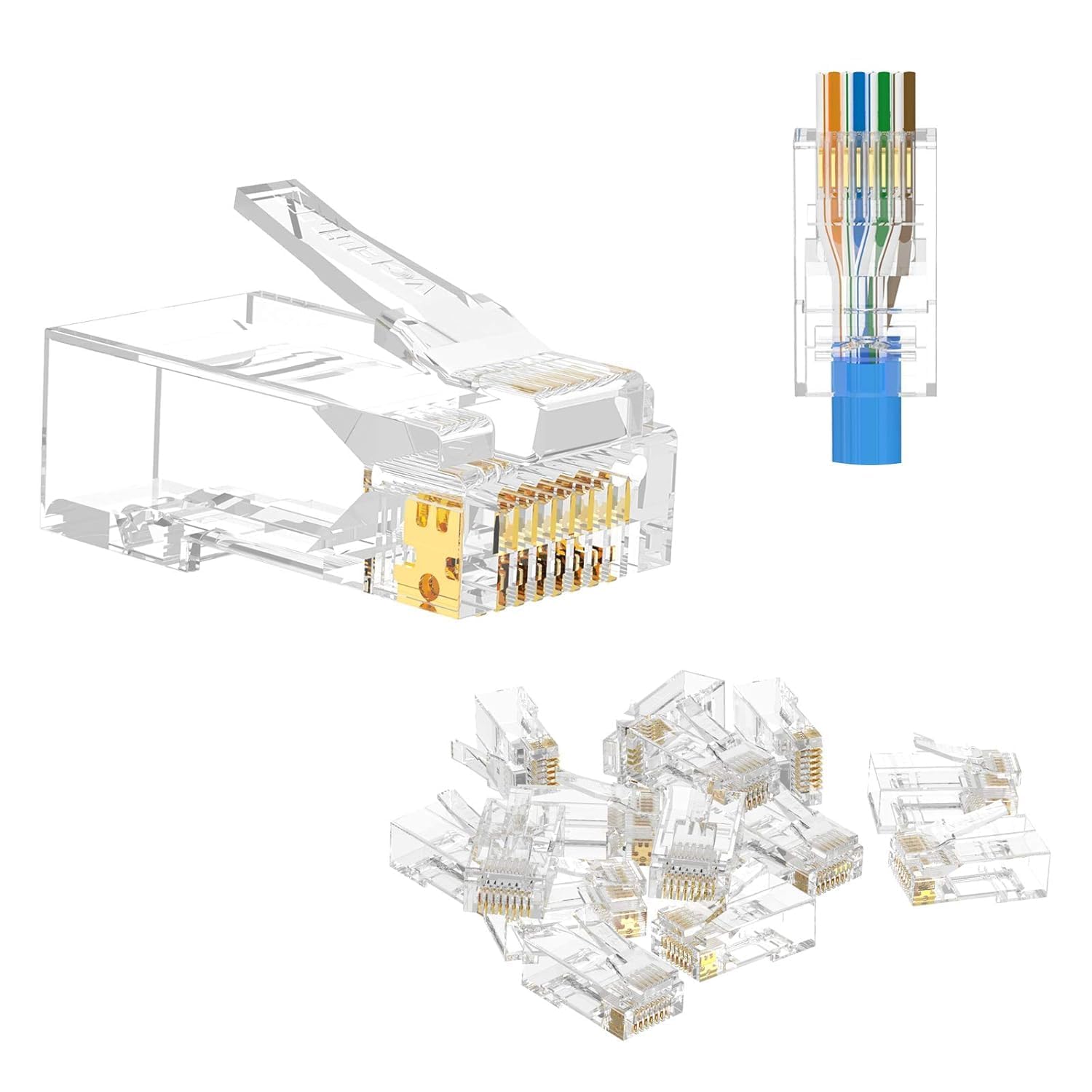 VCE RJ45 Connector Pass Through Cat6 25 Pack, UL Listed Ethernet RJ45 Plug Gold Plated for Cat6/Cat5/Cat5e UTP Solid & Stranded Network Cable