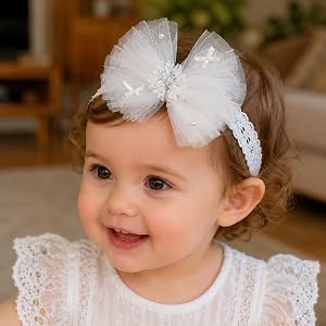 ICKEYOU Baby Girls Headband White Bow Lace Headbands Soft Elastic Bowknot Hairbands Cute Hair Accessory for Newborn Kids Infa