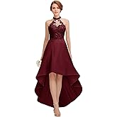 A-Line Bridesmaid Dresses for Women High-Low Prom Dresses Halter Lace Satin Formal Evening Party Dress Sleeveless