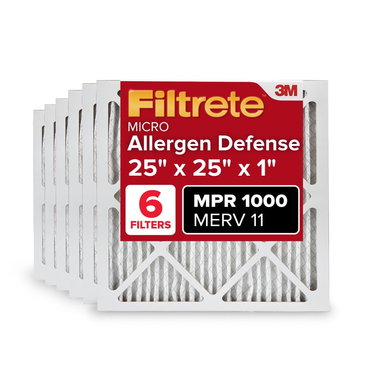 Filtrete 25x25x1 AC Furnace Air Filter, MERV 11, MPR 1000, Micro Allergen Defense, 3-Month Pleated 1-Inch Electrostatic Air Cleaning Filter, 6 Pack (Actual Size 24.81x24.81x0.81 in) Image
