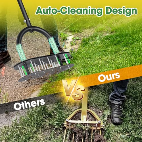 Onadak Lawn Aerator Automatic Dirt and Leaf Clean Design,Pre-Assembled 15 Iron Spikes Metal,Soil Lawn Aerating Tools for Yard Lawn and Garden, lawn aerator spikes aerating tool