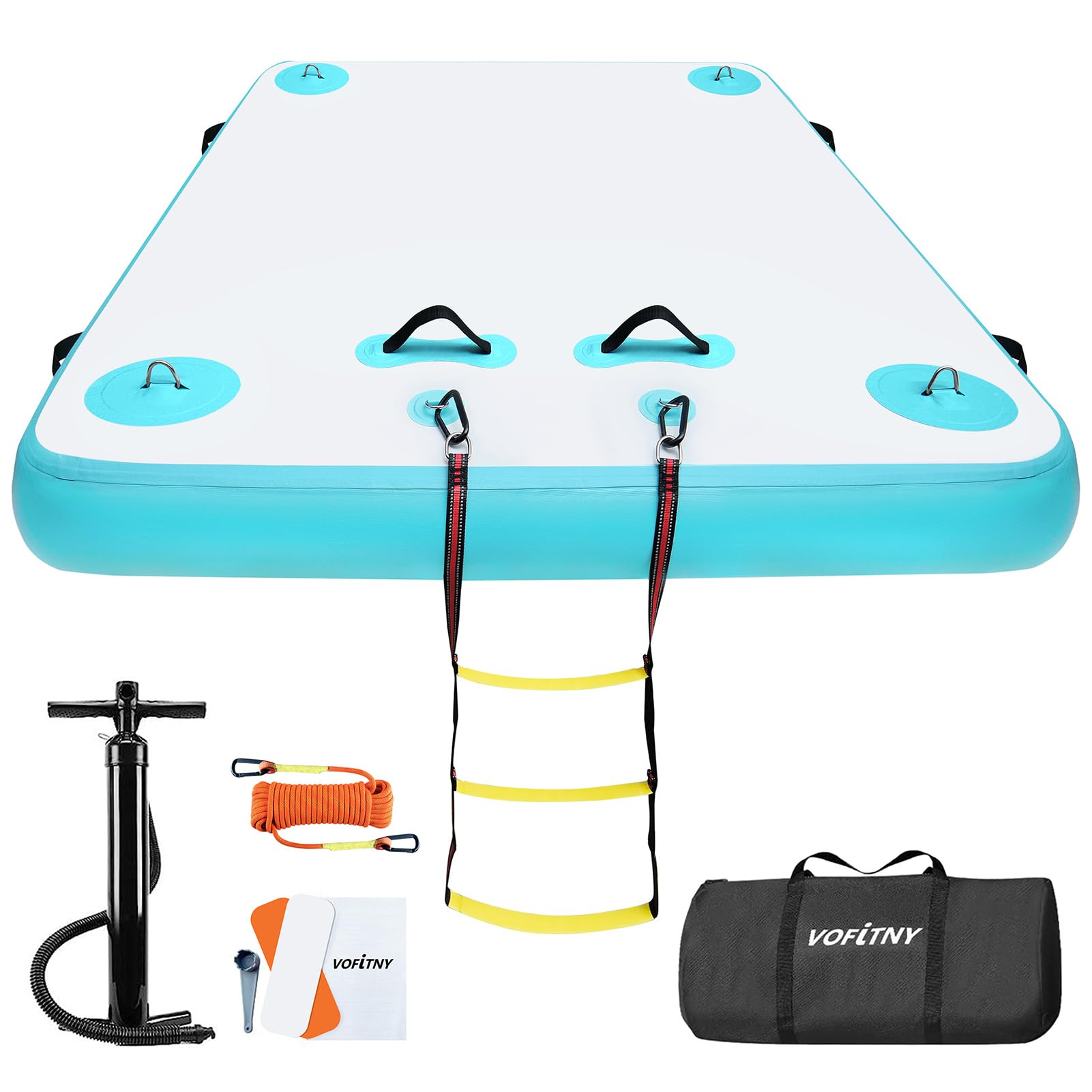 VOFiTNY Inflatable Floating Dock Swim Air Platform Island Raft Mat for Lake Beach Ocean with Rope Ladder, Non-Slip Surface (8ft x 6ft x 6in, Cyan)