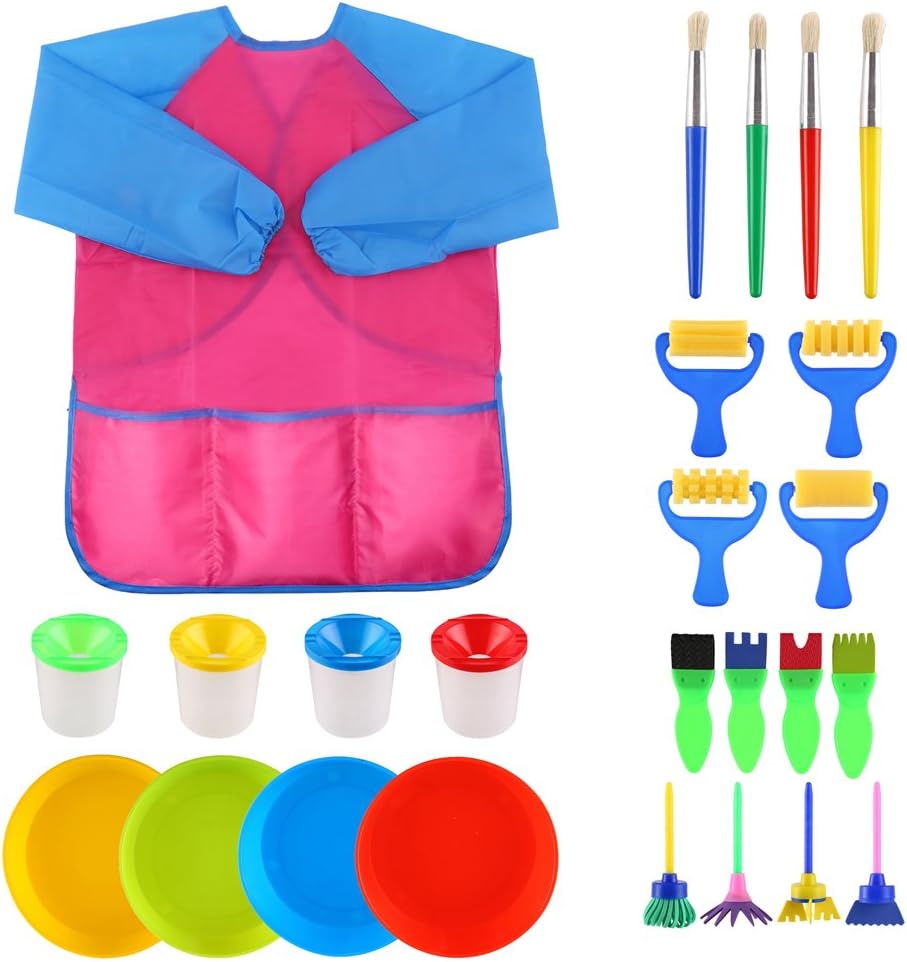 VEYLIN Kids Painting Set 25 Brushes Sponges Bowls Apron Toddler Art Kit