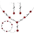 Red Rose Jewelry Set Exquisite Rose Flower Pendant Necklace, Bracelet Dangle Earrings Jewelry Sets for Women Wedding