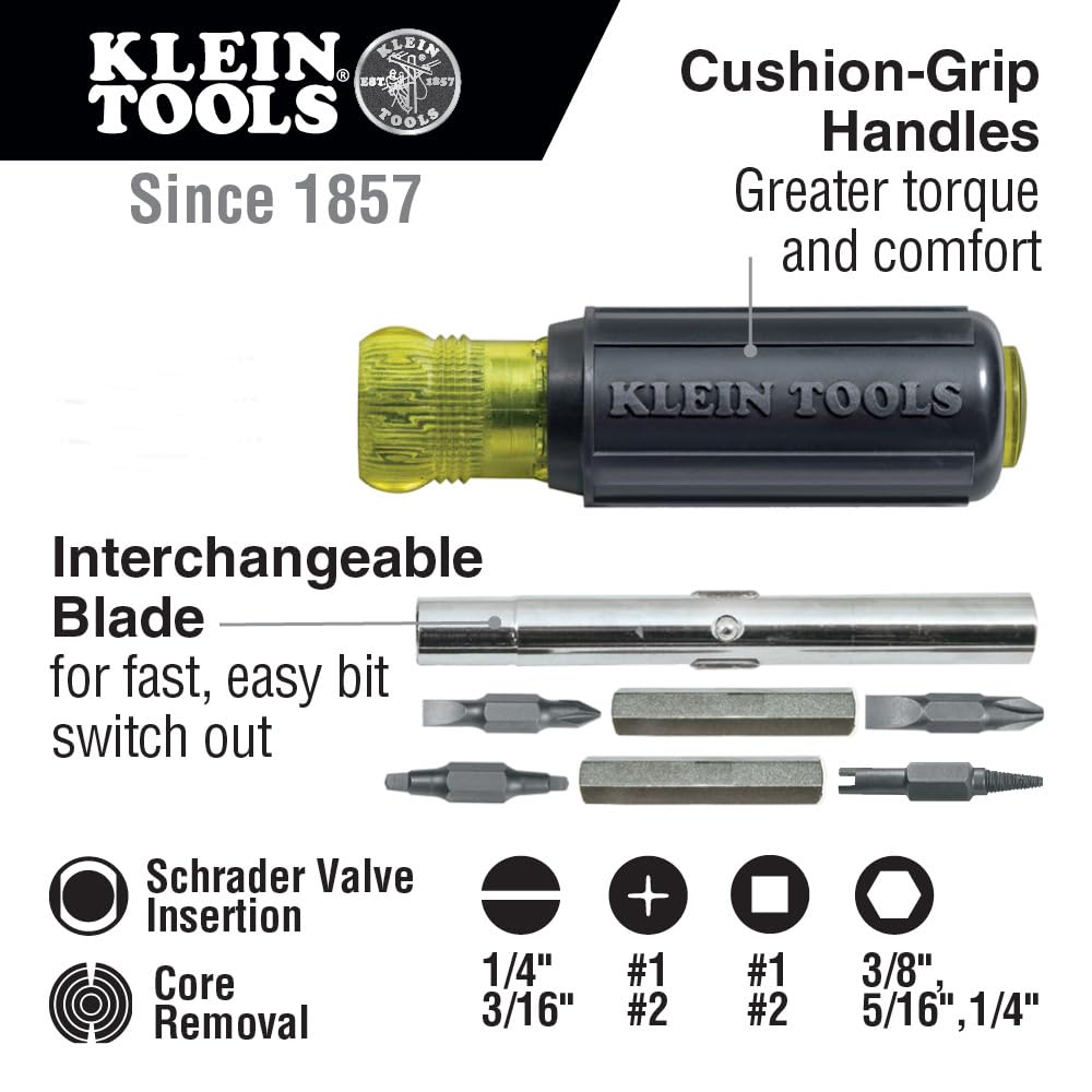 Klein Tools 80065 Schrader Driver Kit with Multi-Bit 11-in-1 Screwdriver / Nut Driver and 2-in-1 Nutdriver, Hex Head Slide Drive, 2-Piece