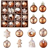 PageebO Christmas Ornaments Set, 35Pcs Gold and White Gingerbread Snowflake Donut Variety Shatterproof Christmas Tree Ball Decorations for Indoor Outdoor Cute Xmas Decor Home New Year Party Supplies