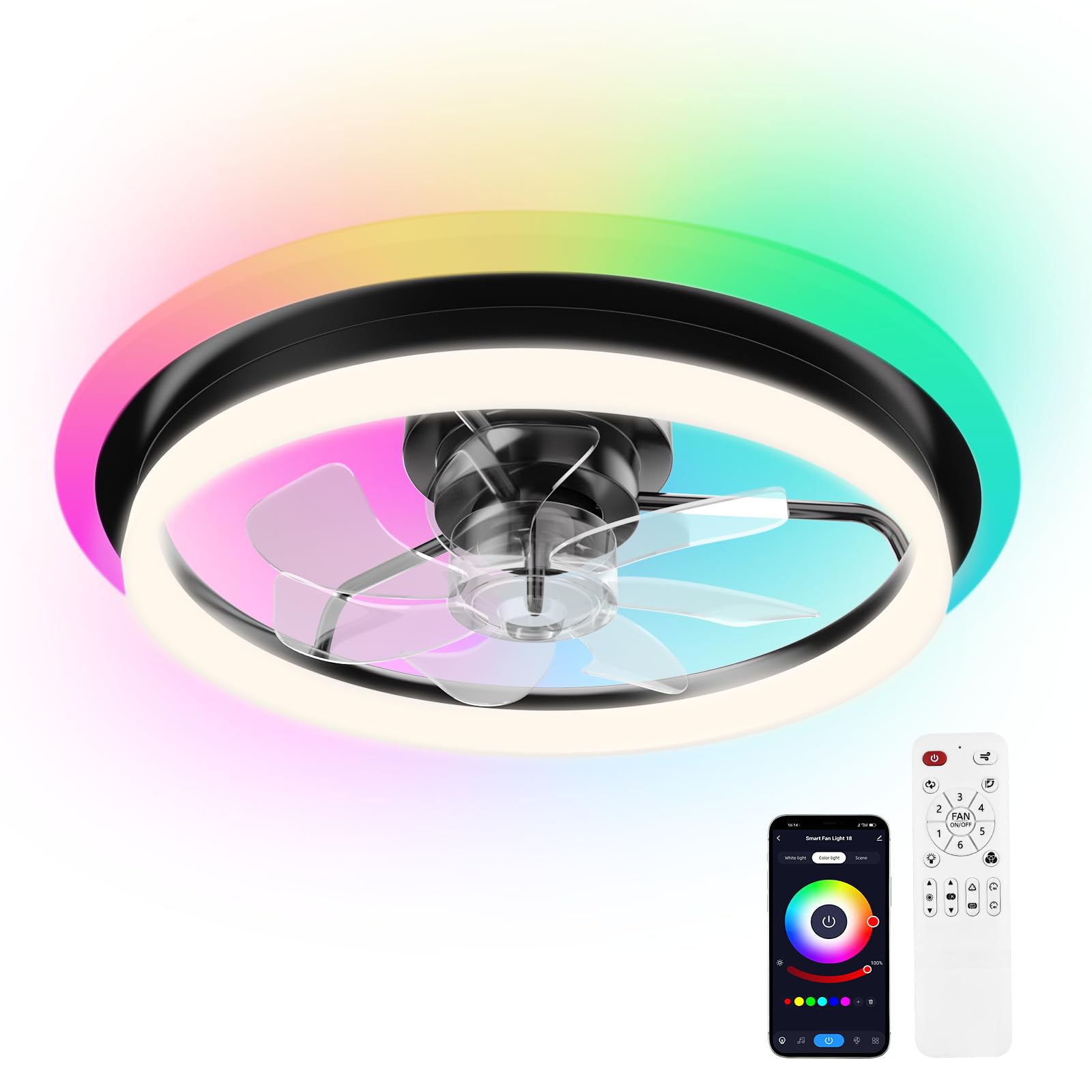 Photo 1 of 20'' Ceiling Fans with Lights - Dual-Mode Lighting (RGB Color-Changing Upper + Adjustable 2700K-6500K), 6-Speed Smart App/Remote Control, Flush Mount Modern Black for Bedroom/Living Room