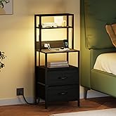 Furnulem Night Stand, Tall Nightstand with 4-Tier Shelves, 2 Fabric Drawers and Light Tube, Bed Side Tables with Charging Station, Bedside Table for Bedroom, Office, Black Oak | 4-Tier Shelves, 2 Fabric Drawers, Light Tube, Bed Side Tables, Charging Station, Bedside Table