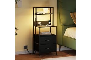 Furnulem Night Stand, Tall Nightstand with 4-Tier Shelves, 2 Fabric Drawers and Light Tube, Bed Side Tables with Charging Station, Bedside Table for Bedroom, Office, Black Oak