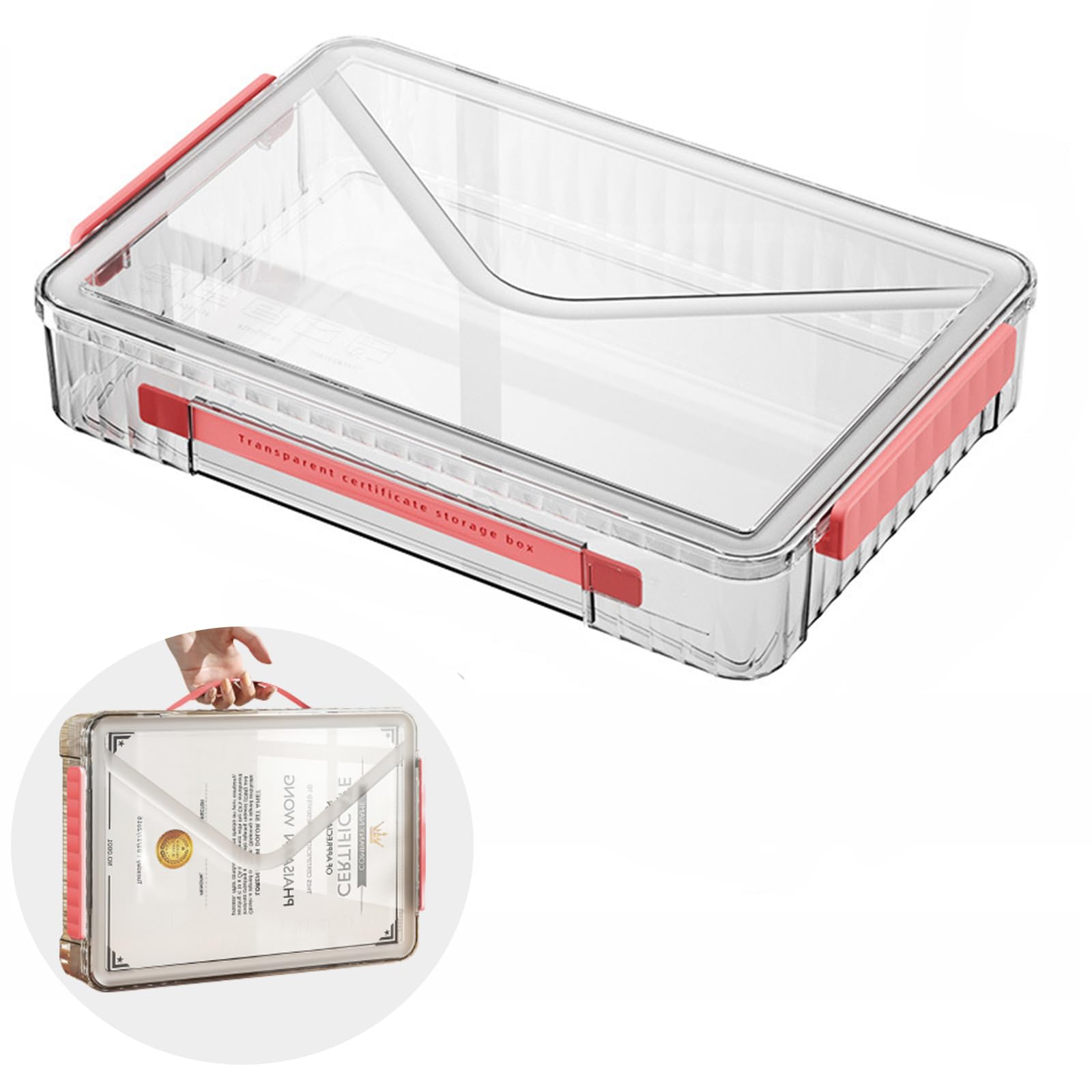 Marte Vanci Plastic Storage Box with Lid, Clear A4 File Box Portable Project Case with Handle Transparent Organiser for Photo Craft Storage Document Letter Paper Scrapbook Stationery Magazine Red