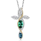 Cross Necklace For Women In 925 Silver and 10K Yellow Gold Rainforest Topaz and Lab Grown Diamond and Topaz | 1.40 Cttw | Jesus Christian Religious Crucifix | Marquise 8X4MM | 18 Inch Chain