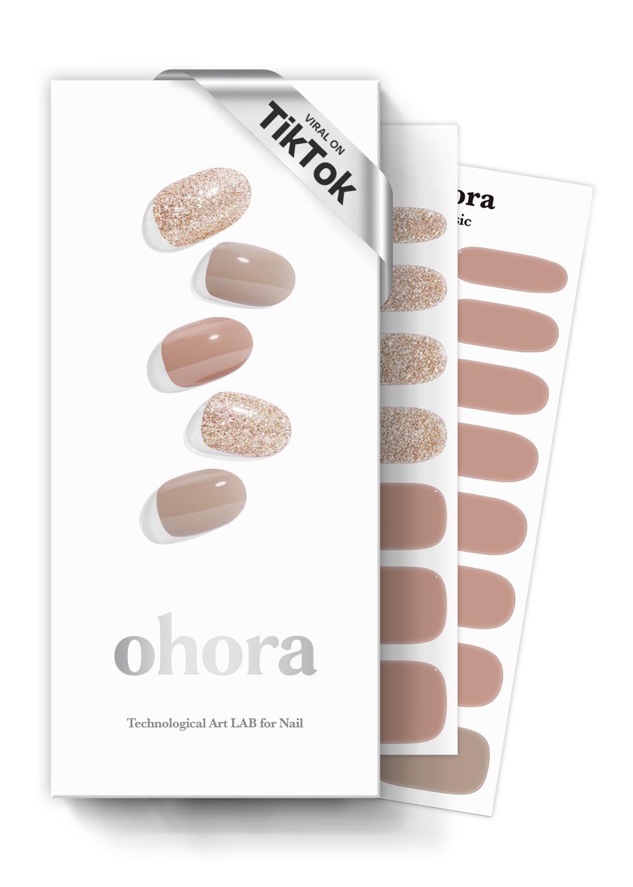 ohora Semi Cured Gel Nail Strips (N Carmel) - Nude, Glitter, Works with Any UV/LED Lamps, Salon-Quality, Long Lasting, Easy to Apply & Remove - Includes 2 Prep Pads, Nail File & Wooden Stick