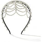 YAFIYGI Pearl Headpiece Flapper Hat Cape Crown for Women Roaring 20s Beaded Headband and Hair Accessories White Showgirl Headpieces for Wedding Party or Show Costume Outfits