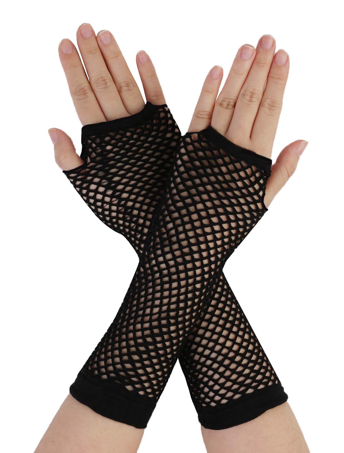 sourcing map 1 Pair Elastic Mesh Fishnet Elbow Fingerless Goth Arm Warmers for Women Black One Size