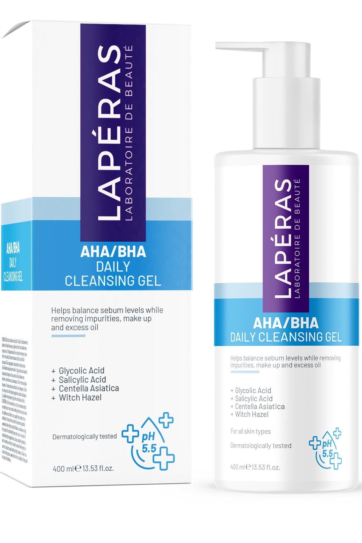 Lapéras Aha Bha Daily Face Cleansing Gel for Blemish and Acne-Prone Skin, Purificante Cleaner Blackhead Remover and Clogged Pore Control Makeup Remover, 400 ml
