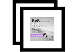 Americanflat 8x8 Picture Frame with Polished Plexiglass - Set of 2 - Use as 5x5 Frame with Mat or Display 8x8 Photo Without Mat - Galleria Collection - Square Frames for Tabletop and Wall - Black