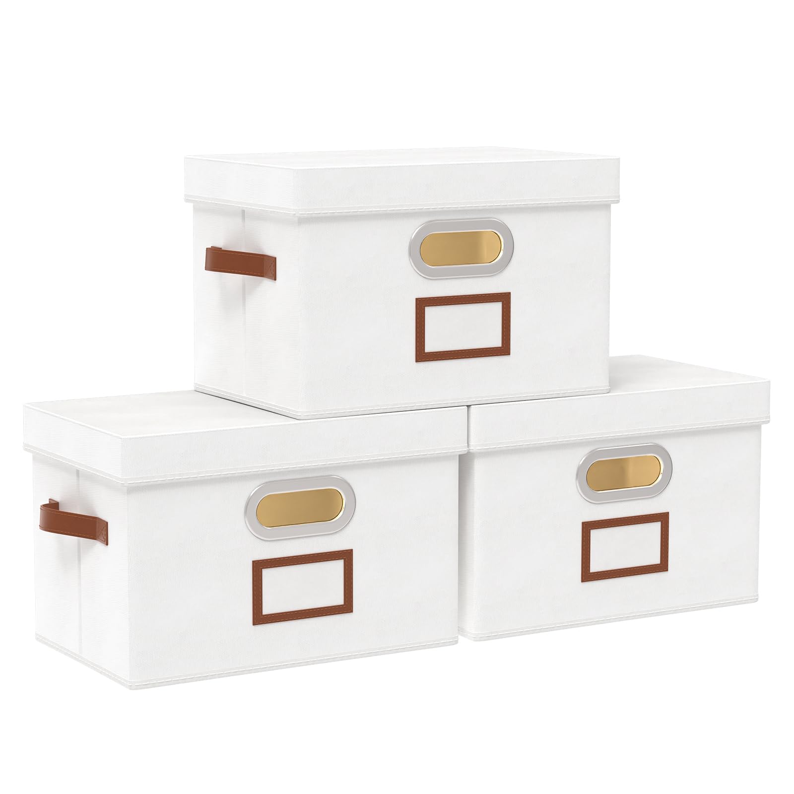 OUTBROS Storage Baskets with Lids, Foldable Box for Shelves, Fabric Cube Organiser, Home Office Clothes Bins, 38 x 25 x 25 cm, White, 3-Pack