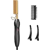 Electric Hot Comb Hair Straightener - Pressing Combs, Ceramic Hair Straightening Comb, Curling Iron for Natural Black Hair Men Beard or Holiday Gift - Glod 3 In1