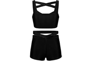 Hansber Kids Girls 2 Piece Crop Top with Booty Shorts Athletic Gymnastics Sport Dance Outfit Tankini Set Activewear