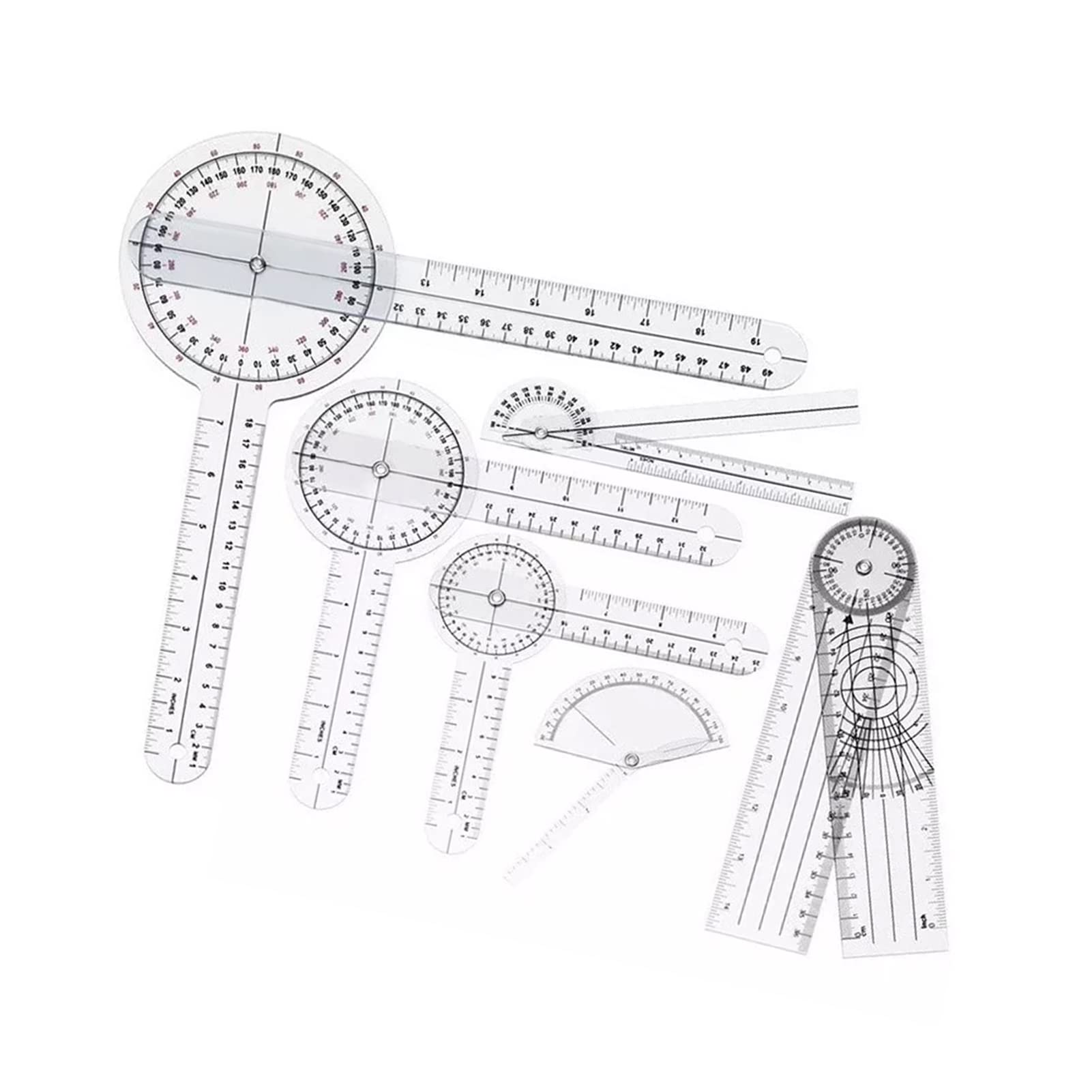 6PCS PVC Transparent Goniometer Set, Transparent 360° Rotation Protractor Physiotherapy, Goniometer Physiotherapy