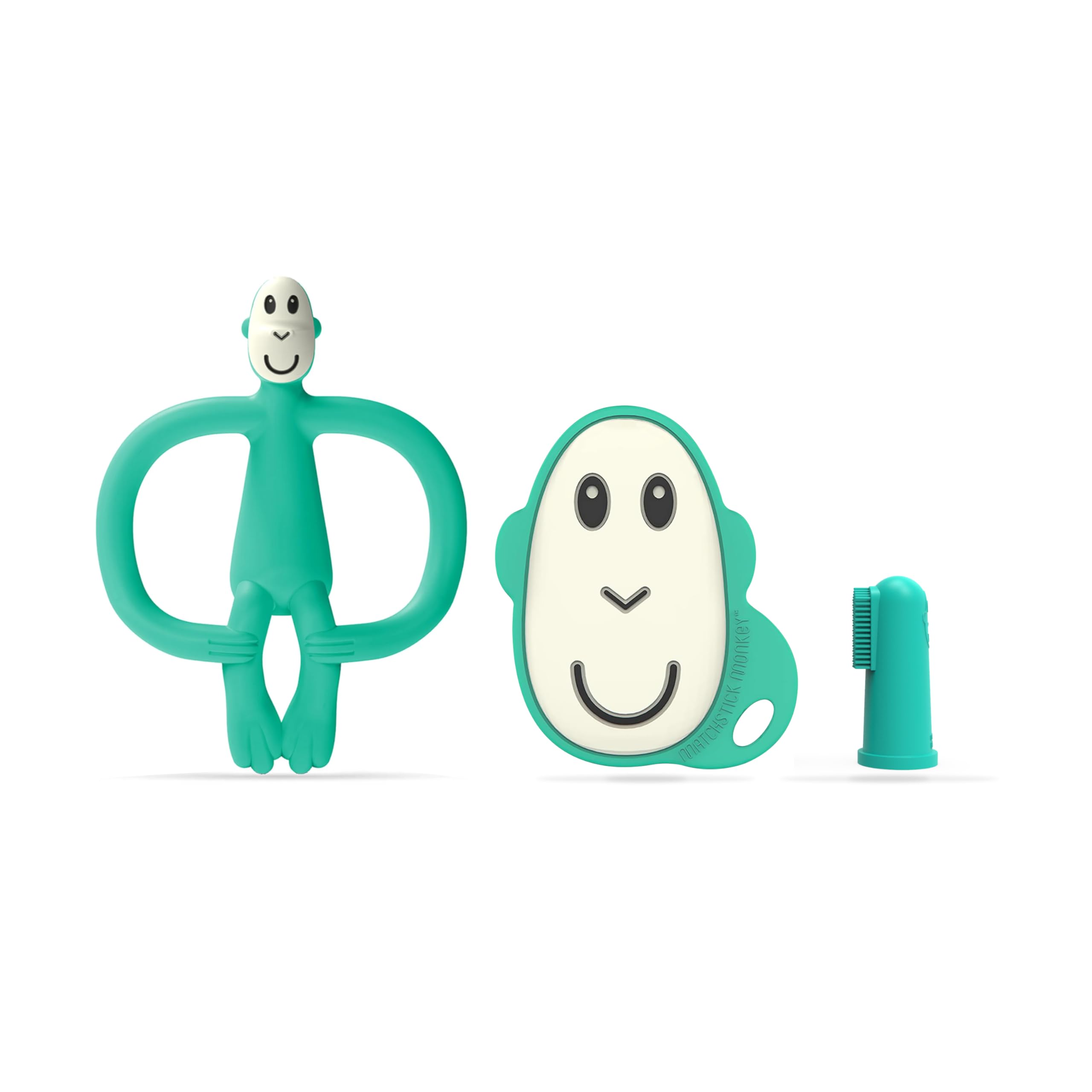 Matchstick Monkey, Antimicrobial Teething Starter Set - 1 Flat Face Teether, 1 Animal Teether, 2 Silicone Finger Toothbrushes, 3 Months Old+, Green Monkey — image 1