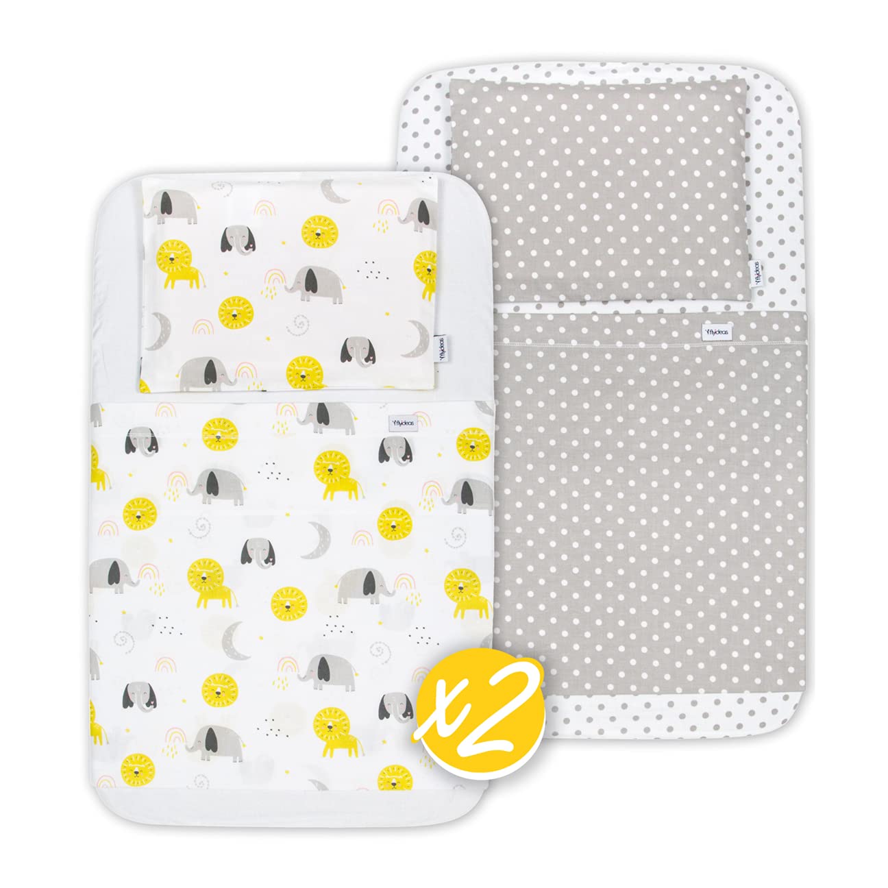 FlyIdeas Next to Me Crib Fitted Sheets 83x50 cm, 8 Pcs. - 2 Fitted Sheets, 2 Waterproof Mattress Protectors, 2 Flat Sheets & 2 Pillow Protectors, 100% Cotton Cert