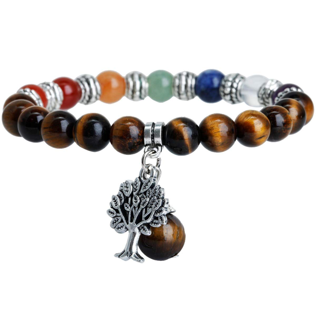 mookaitedecor Natural Brown Tiger's Eye Crystal Semi Precious Gemstone Stretch Bracelet with Tree of Life, Healing Crystal Chakra Stone Beads Bracelet Colourful Good Luck Jewellery Gift for Women