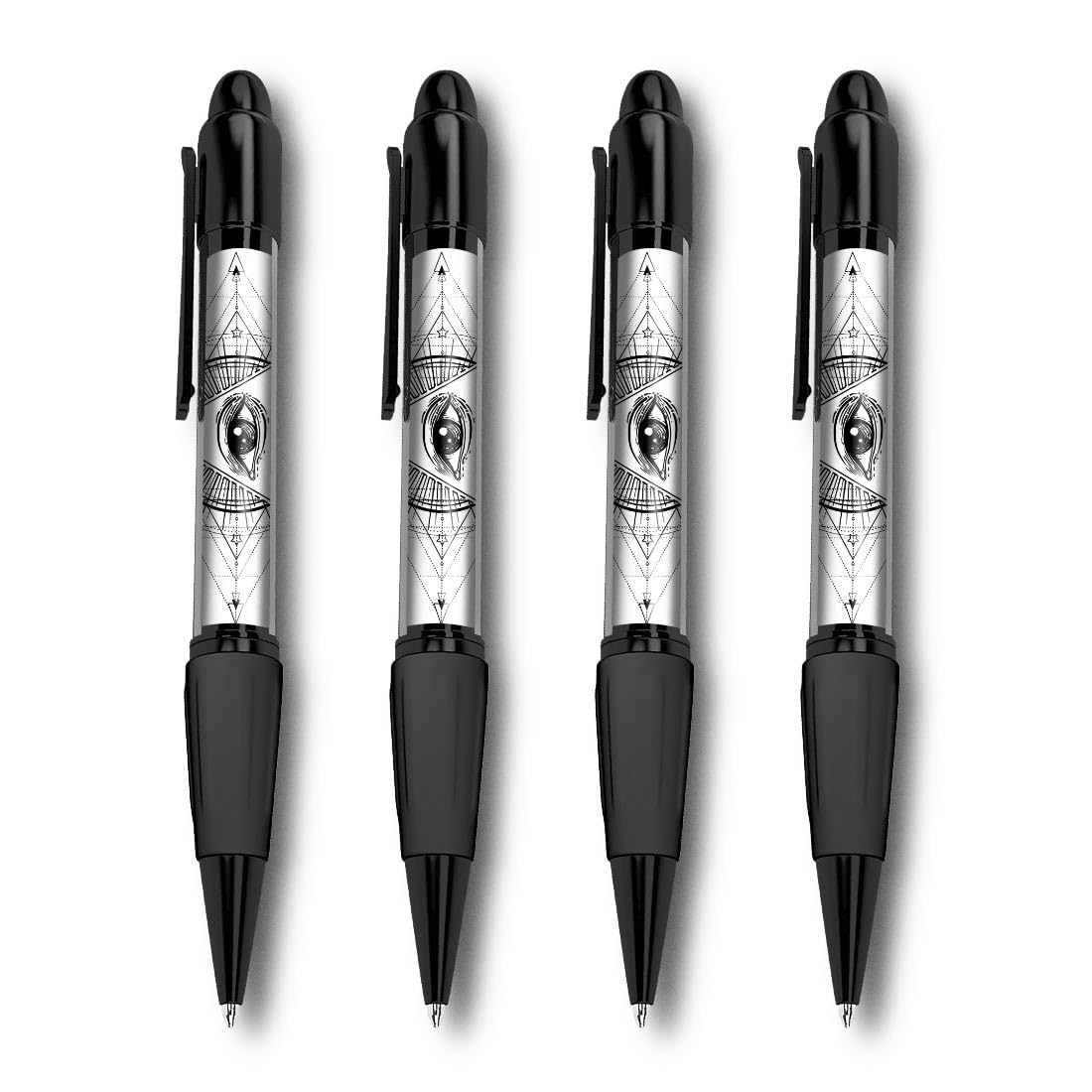 Set of 4 Black Ballpoint Pens (Photo Insert) - Eye of Providence Masonic All Seeing - Soft Feel Finger Grip #52834