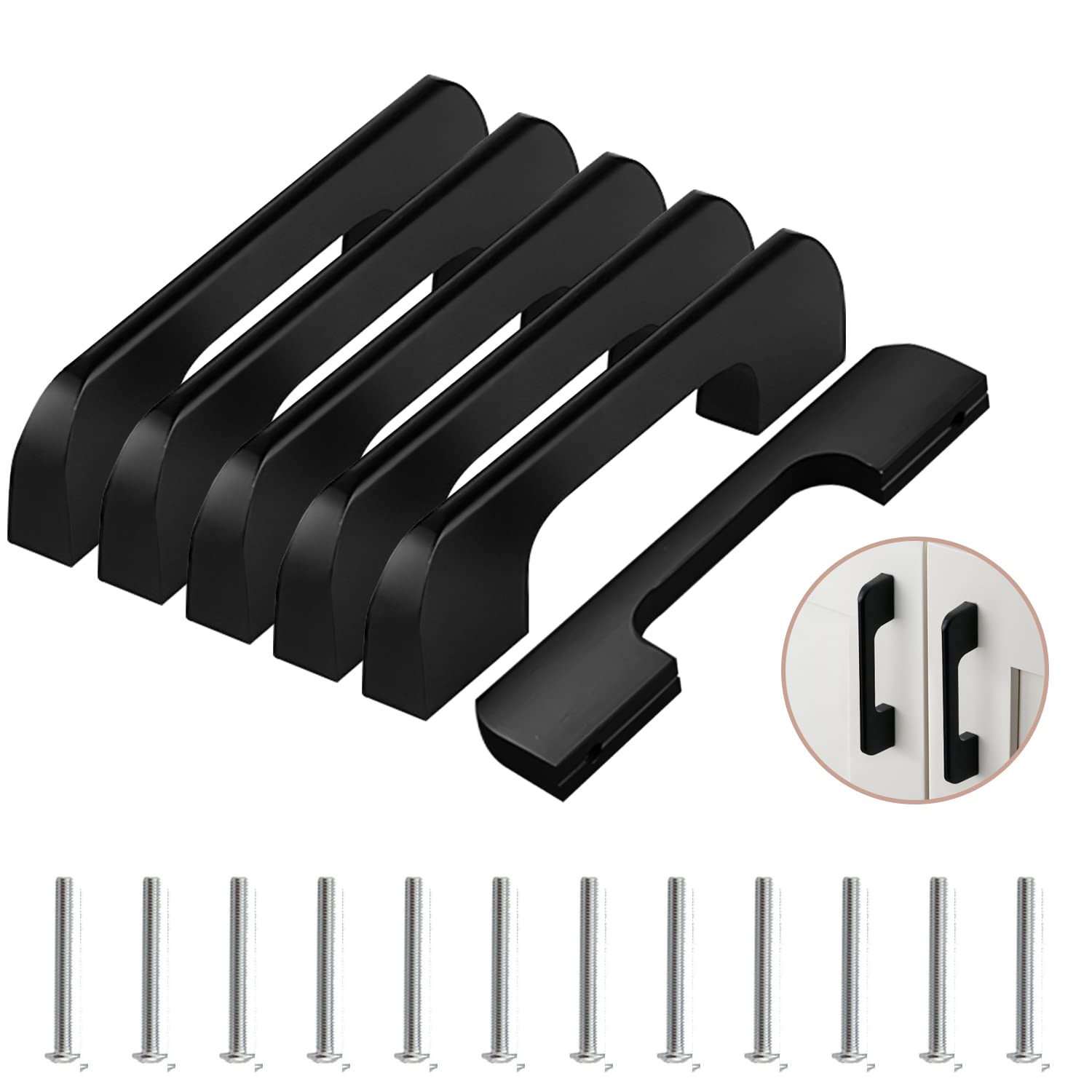 Lxoraziy 6 Pack Kitchen Door Handles, 96mm Hole Centre Flat Black Cabinet Handles, Aluminum Alloy Furniture Drawer Pulls (Screws Included)