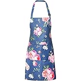QuQuRuan Floral Apron for Women with Pockets Cotton Canvas Waterproof Apron Cooking Baking Painting Gift