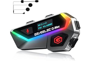 gearelec Motorcycle Bluetooth Headset【HiFi Stereo Sound】【Screen and RGB Lights】 80Mph Clear Calls Helmet Bluetooth Headset, 2000M 6 Riders Motorcycle Intercom with Triple Noise-Reduction/FM/V5.2BT