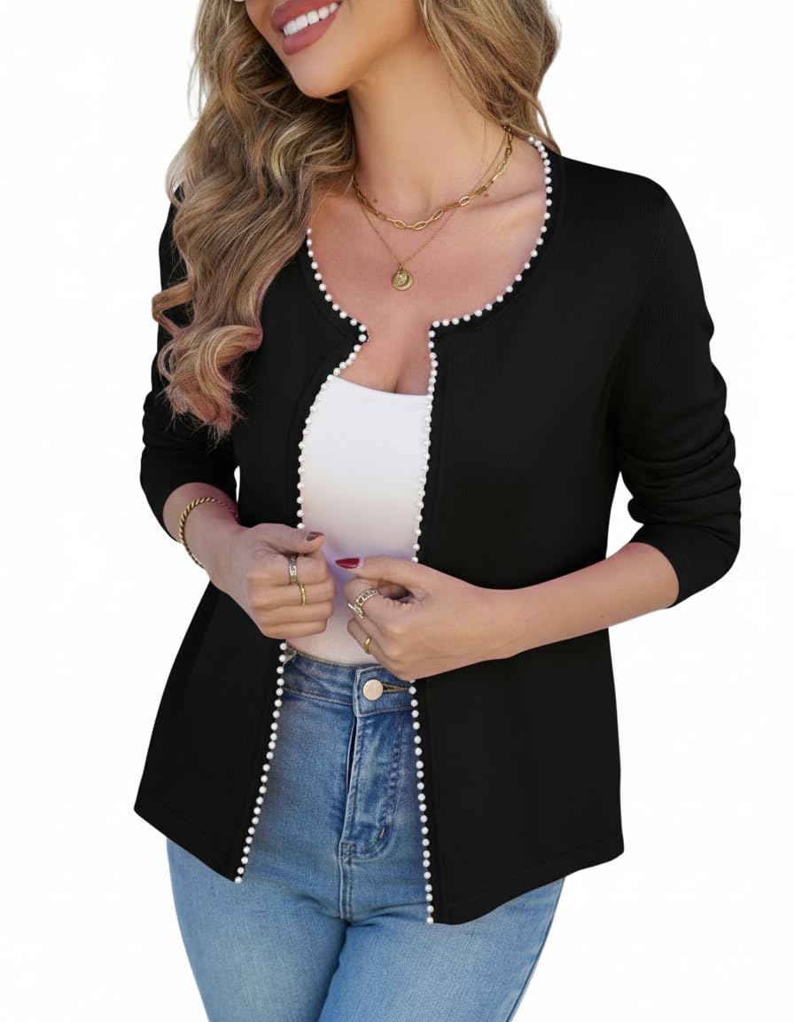 View 1 of CiCiBird Women Lightwight Open Front Sweater Cardigan Pearls Trim Knit Jacket Trendy Long Sleeve Cropped Coat Black L
