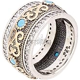 Handmade Turkish Authentic Jewelry Round Shape Cut Turquoise Topaz 925 Sterling Silver Band Ring for Gift for Ladies Size Option
