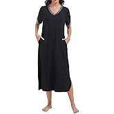 Kabento Cotton Nightgowns for Women Soft Short Sleeve Long Sleepwear with Pockets