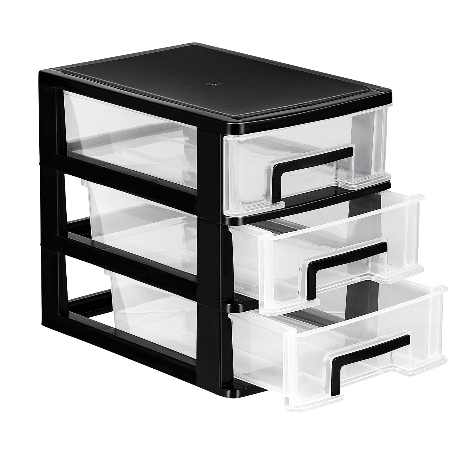 WINOMO Drawer Storage Three Layer Plastic Drawer Organizer Shelf Storage Rack Box for Office Bedroom Home (Black and Transparent)