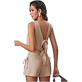 OYOANGLE Women's 2 Pieces Outfits Sleeveless Backless Tie Camisole Shorts Set Summer Casual Travel Lounge Sets