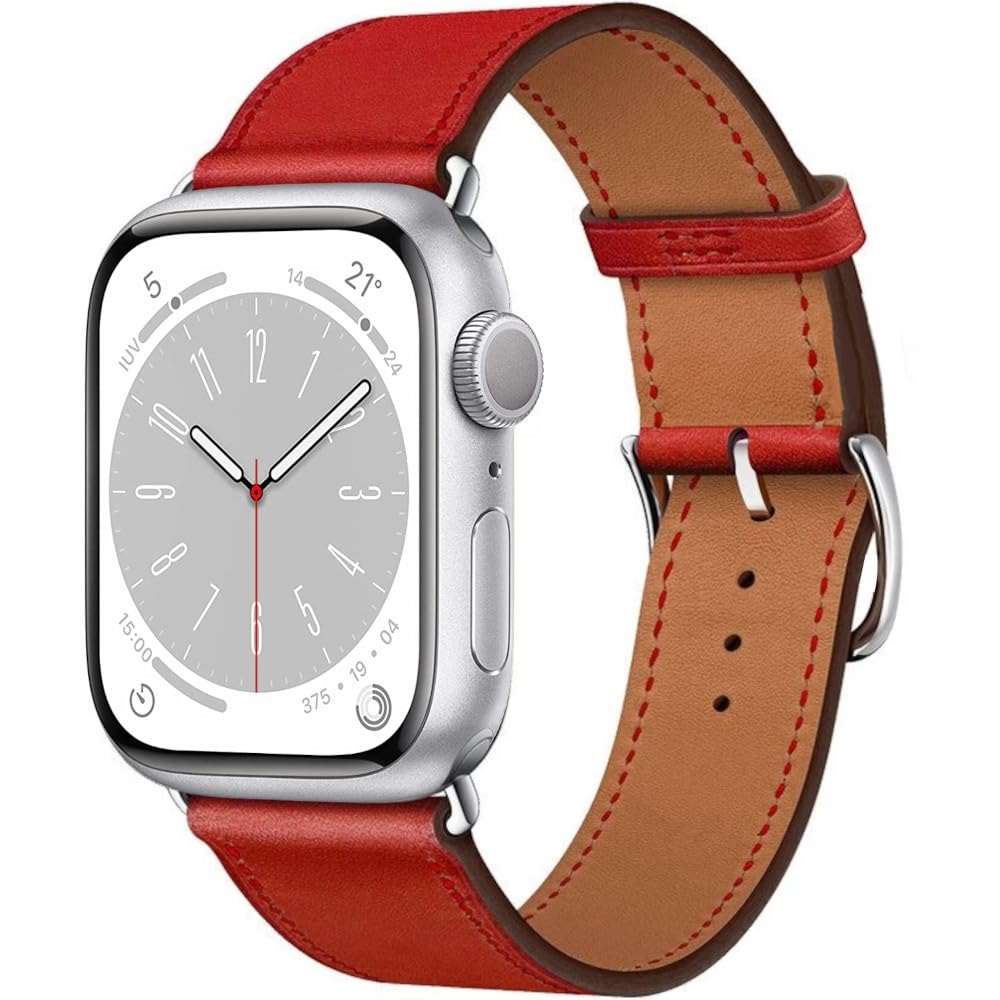 ESTUYOYA Fine Leather Strap compatible with Apple Watch 49mm 46mm 45mm 44mm, (42mm-Serie 1-3), Leather Bracelet Square Buckle Unisex for iWatch Series 10 9 8 7 6 5 4 3 2 1 SE Ultra 2 - Red