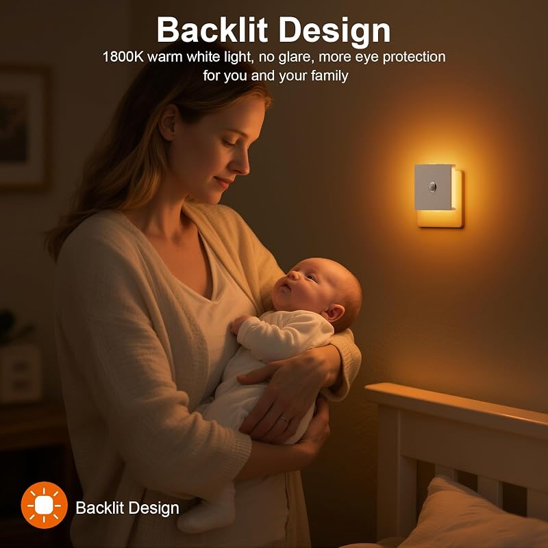 Nachtlicht Steckdose mit Bewegungsmelder, 2 Stück Bernstein LED Nachtlicht Kinder mit Hinterleuchtete, Helligkeit Einstellbar, für Kinderzimmer, Schlafzimmer, Küche, Treppe, Flur — Foto 4 von 7