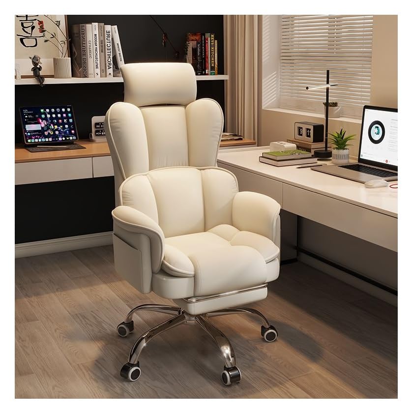 Ergonomic Office Chair with Footrest Executive Desk Chair Big and Tall Gaming Chair PU Leather Computer Chair with Swivel Wheels for Home Office Bedroom Study (White)